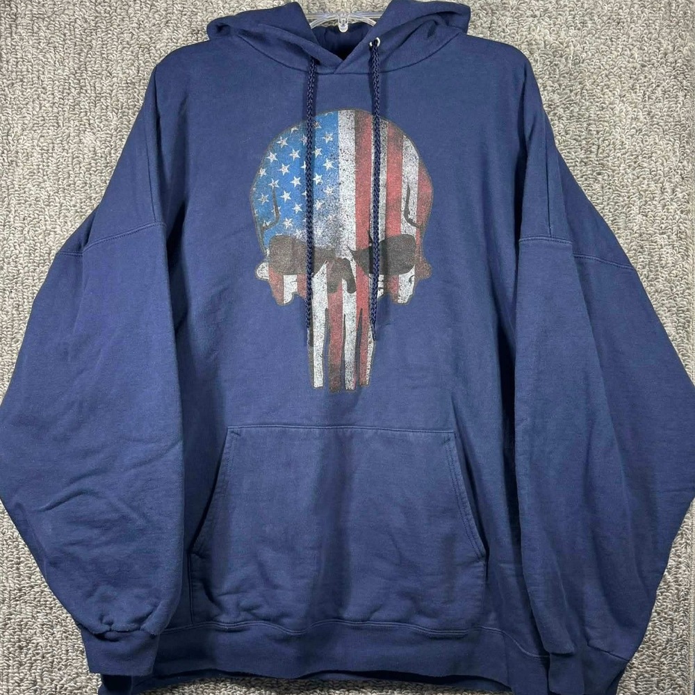 Hanes Hoodie Navy Blue American Flag Skull Graphic Pullover Mens 3XL
